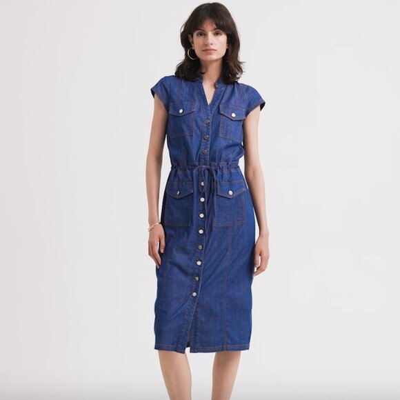 WHBM $160 Button-Down Midi Dress Denim Lightweight Cotton Tencel Blend 12 - Picture 7 of 10